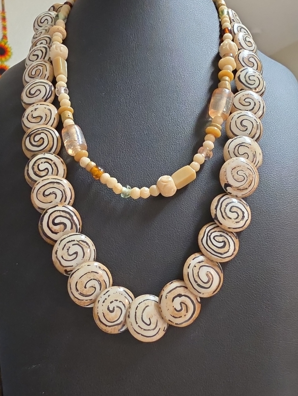 Vintage Artisan Set Of 2 Bone Necklaces -1 Swirl Batik  Disc- 1 Glass & Bone